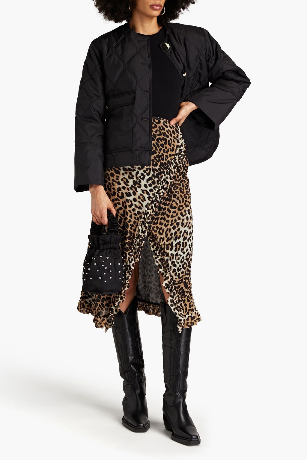 GANNI Ruffled leopard-print stretch-mesh midi wrap skirt