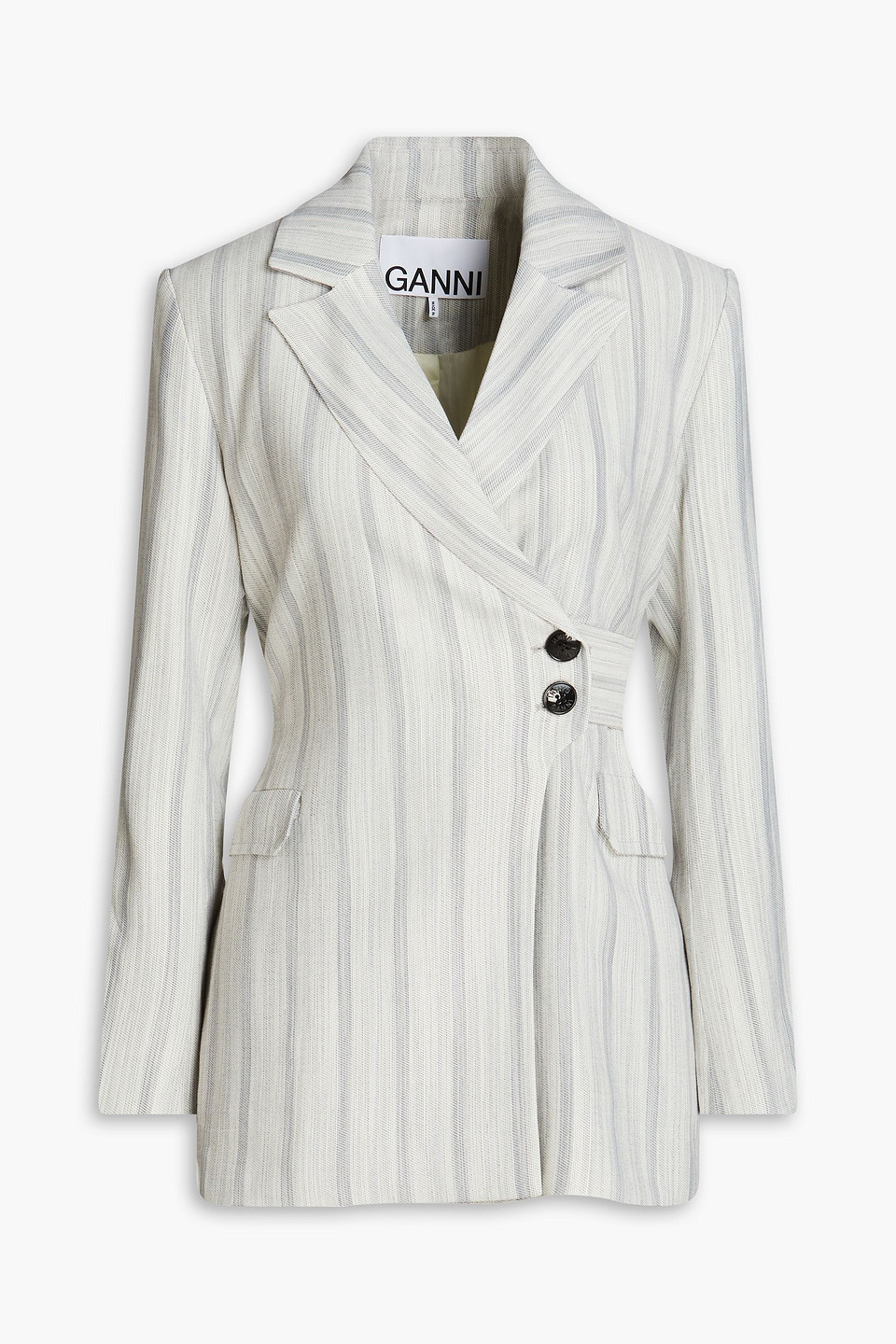 Shop Ganni Belted Striped Jacquard Blazer In Light Gray