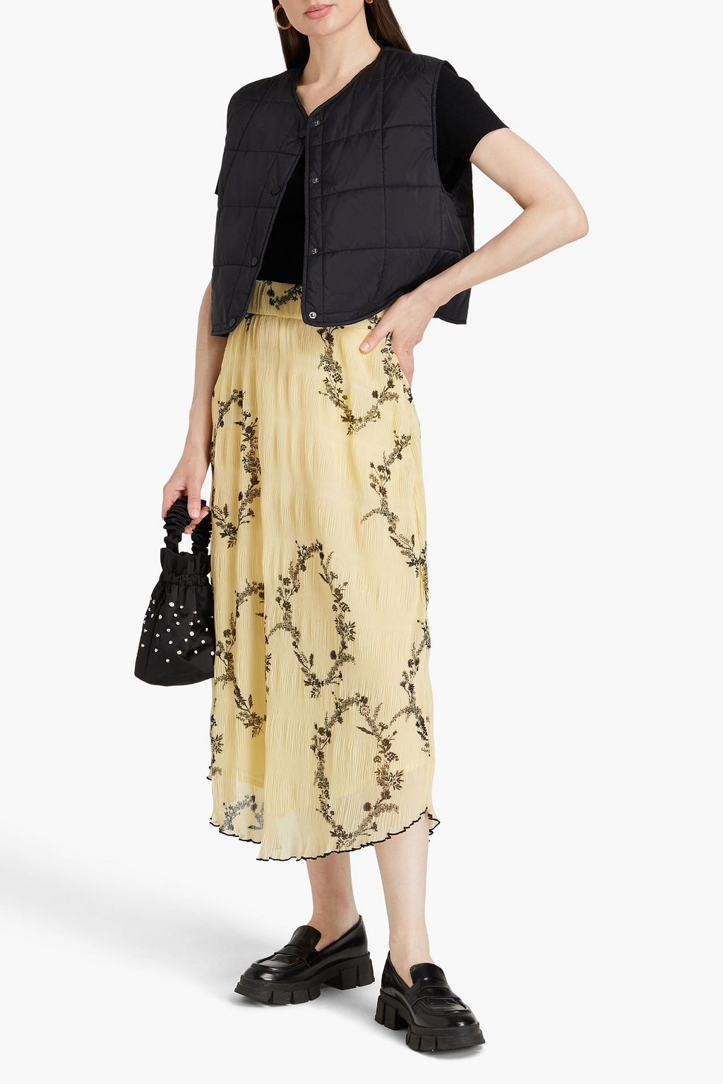 GANNI Floral-print crepon midi skirt