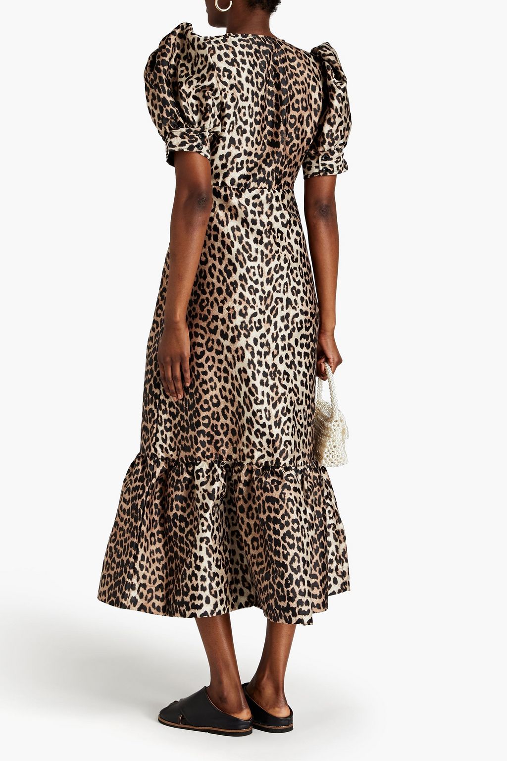 GANNI Gathered leopard-jacquard midi dress