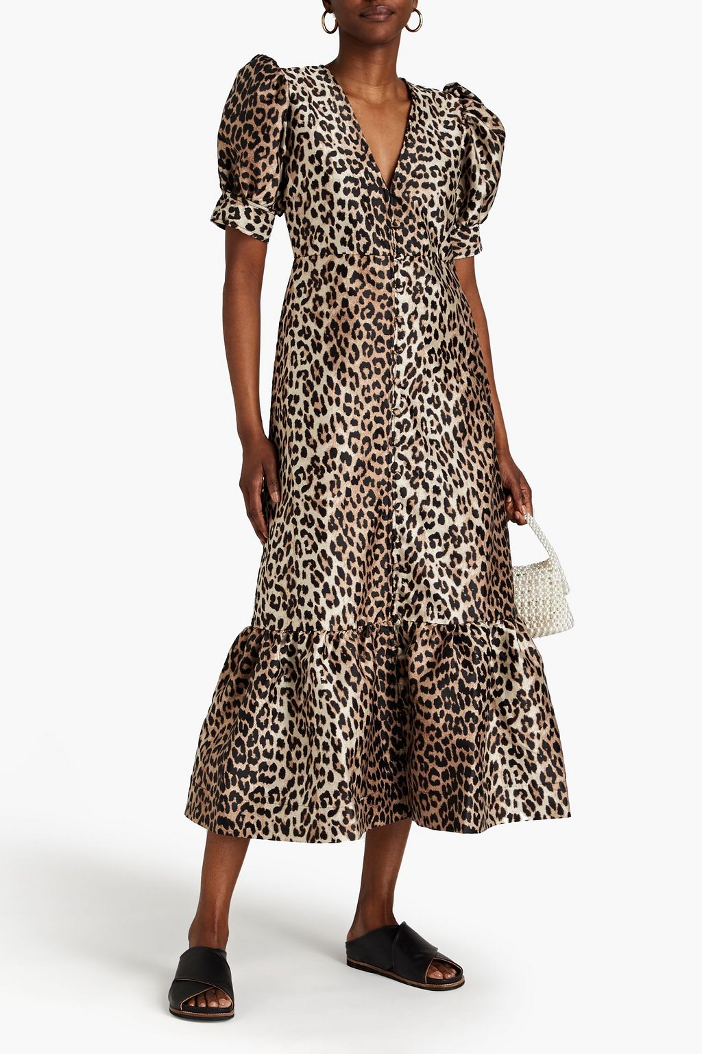 GANNI Gathered leopard-jacquard midi dress