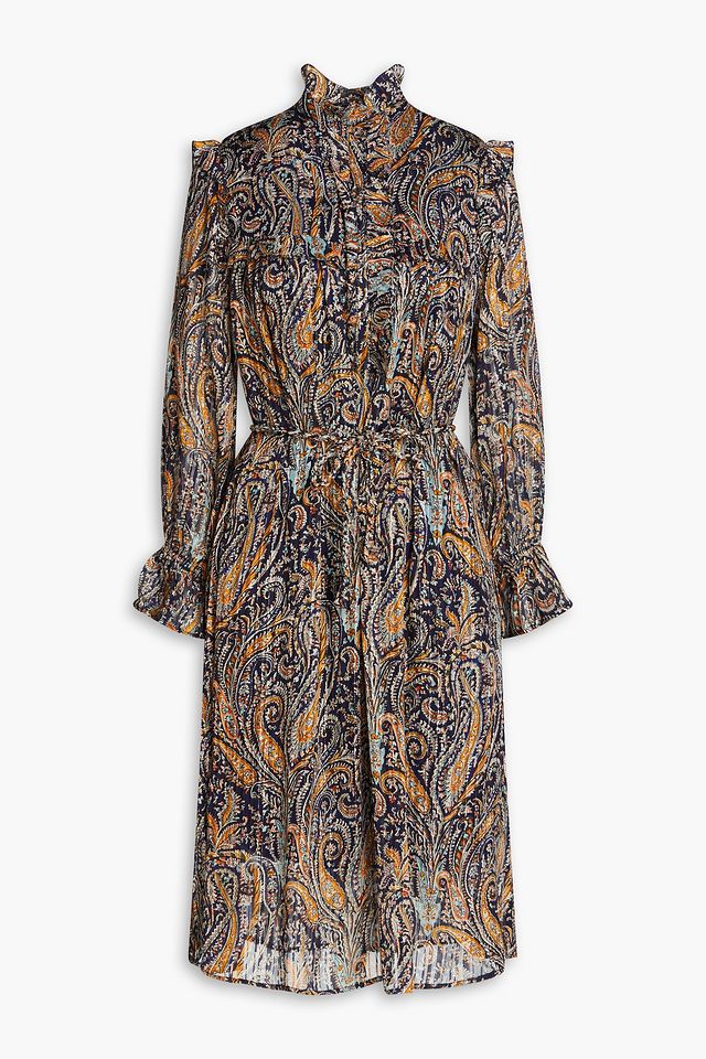 Belted paisley-print chiffon midi shirt dress