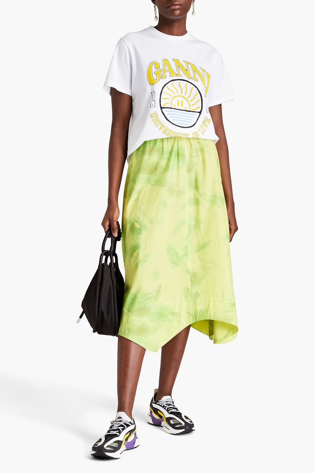 GANNI Tie-dyed cotton-poplin midi skirt