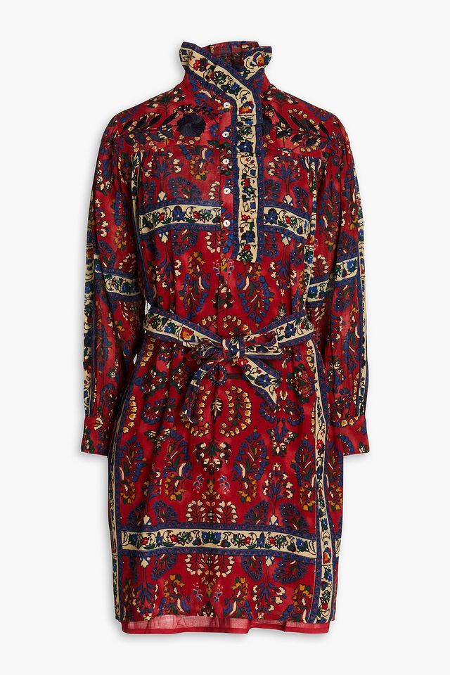 Belted floral-print cotton-gauze mini shirt dress