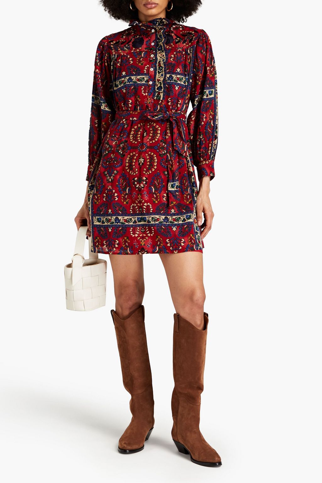 ANTIK BATIK Belted floral-print cotton-gauze mini shirt dress