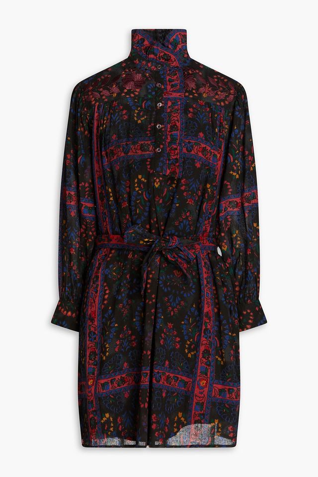 Belted floral-print cotton-gauze mini shirt dress