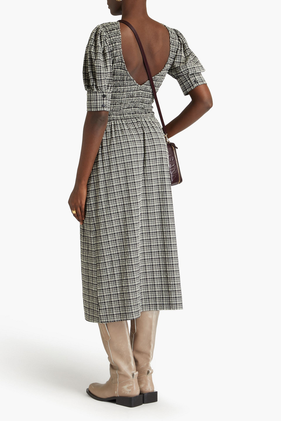 Ganni Gray Open Back Midi Dress In Black