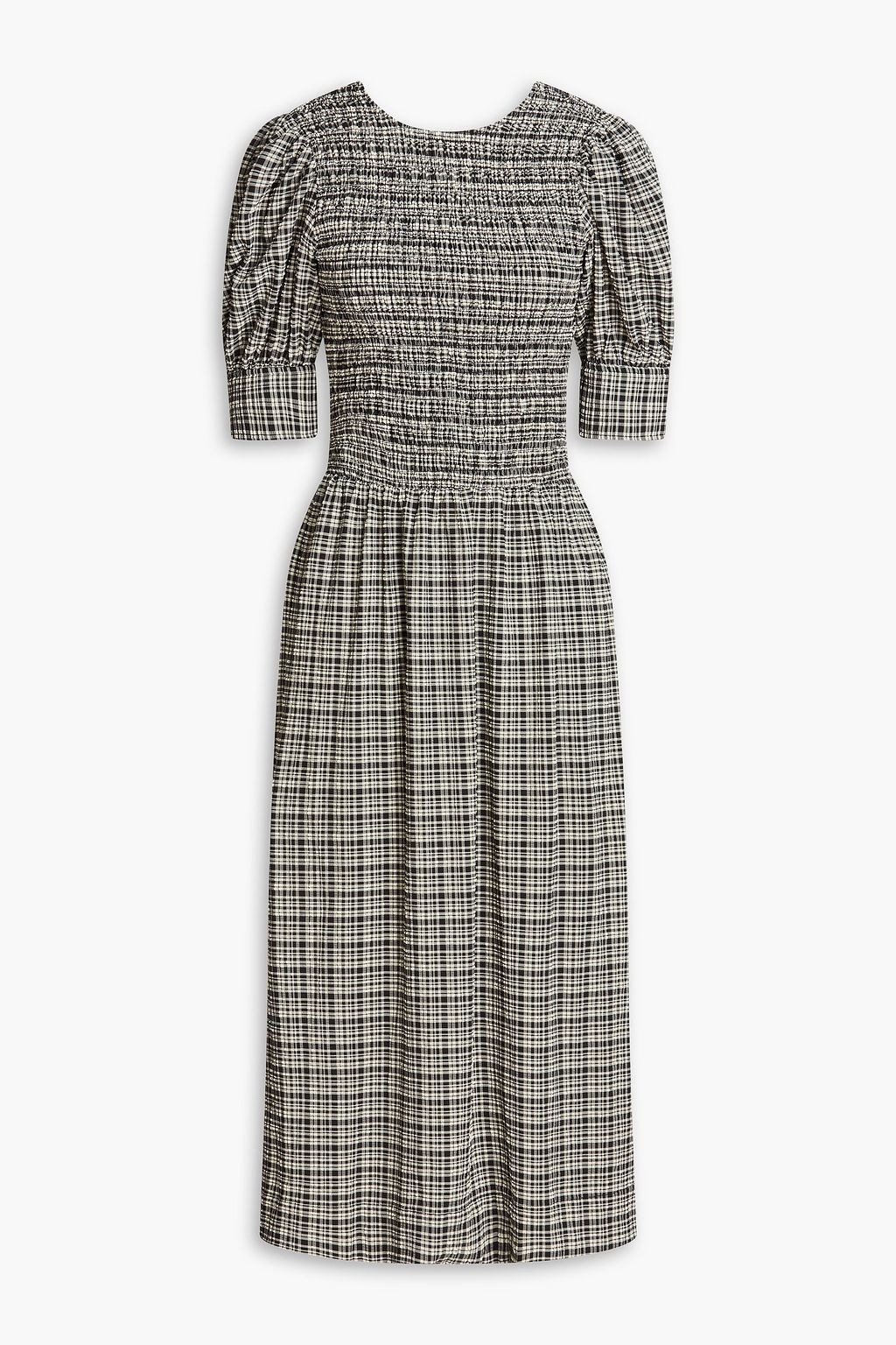 GANNI Shirred checked seersucker midi dress | THE OUTNET