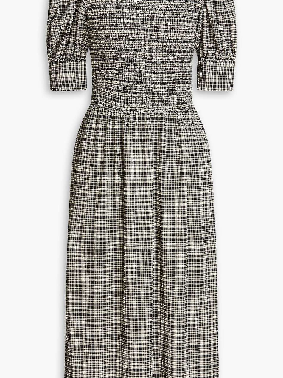 shirred checked seersucker midi dress