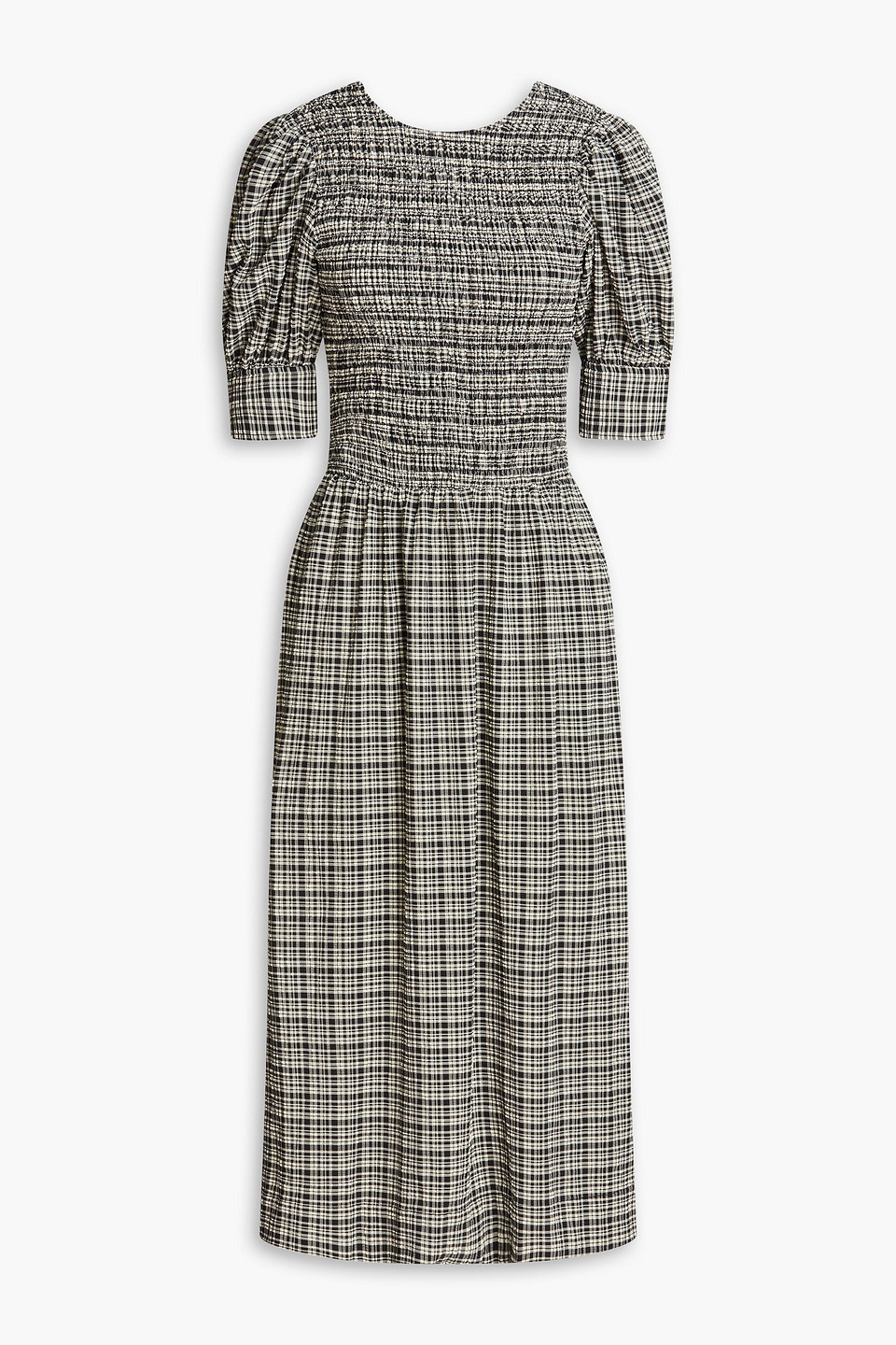 Ganni Gathered Checked Seersucker Midi Dress In Black