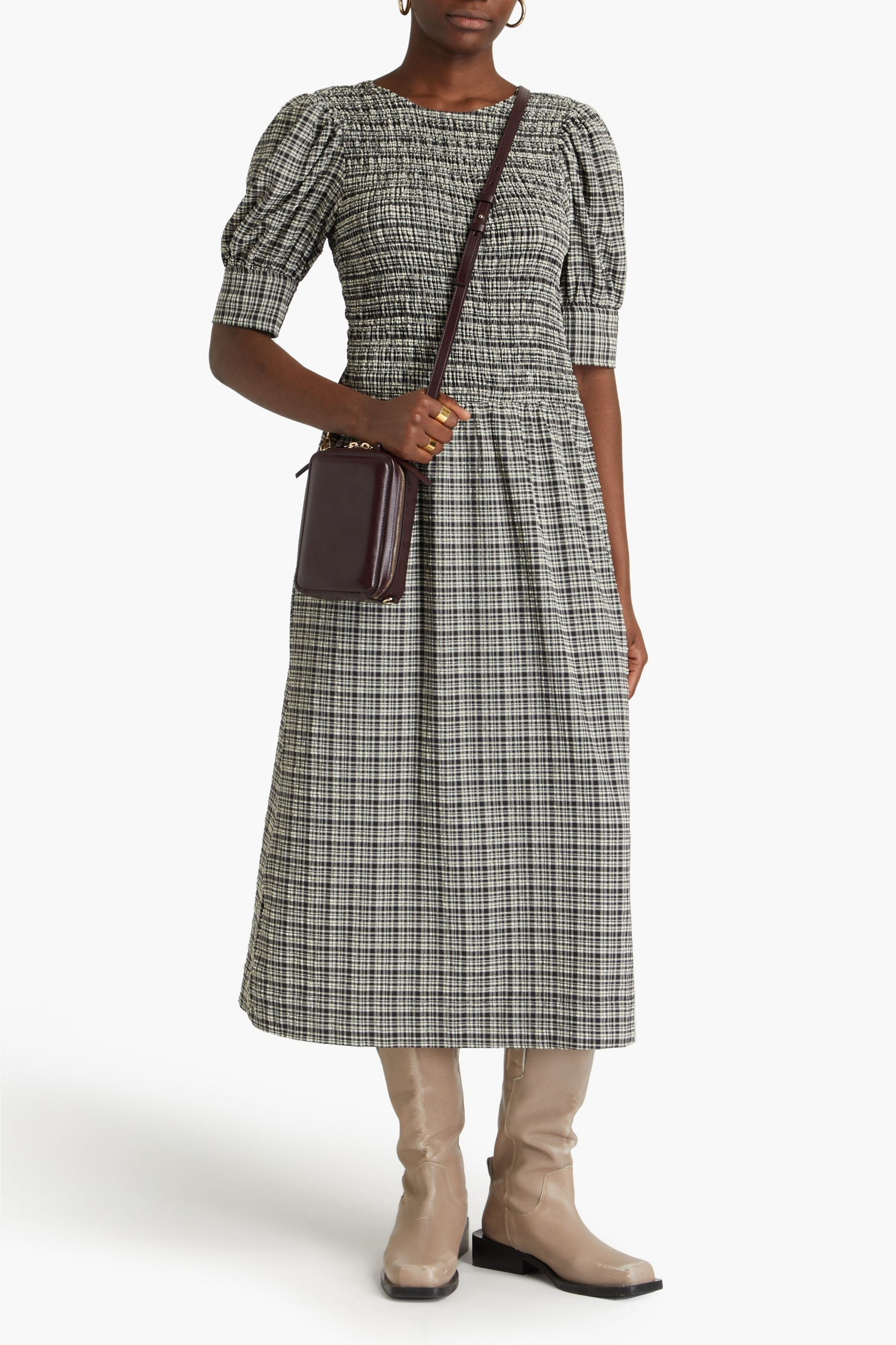 GANNI Shirred checked seersucker midi dress