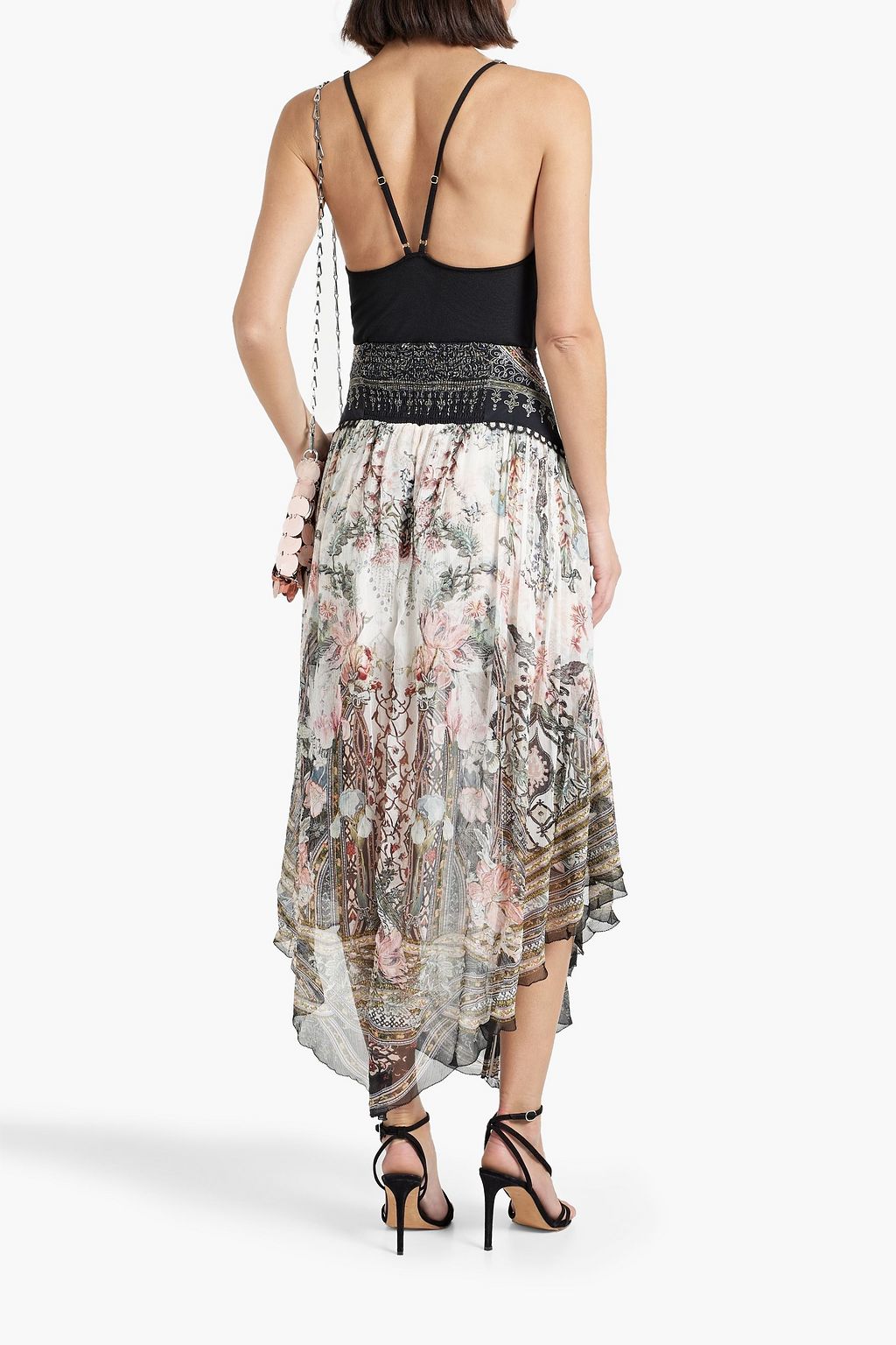 CAMILLA Asymmetric embellished printed silk-georgette midi skirt