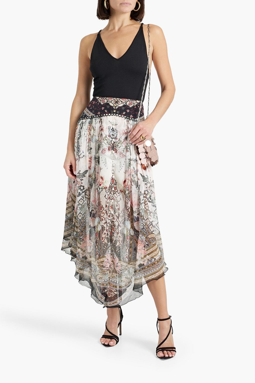 CAMILLA Asymmetric embellished printed silk-georgette midi skirt