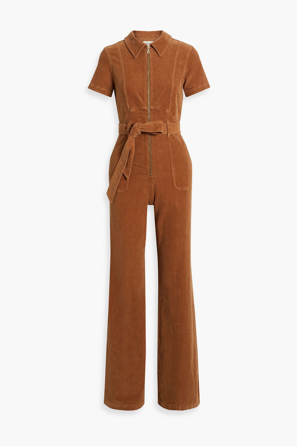 Alice And Olivia Gorgeous Belted Cotton-blend Corduroy Wide-leg Jumpsuit In Camel