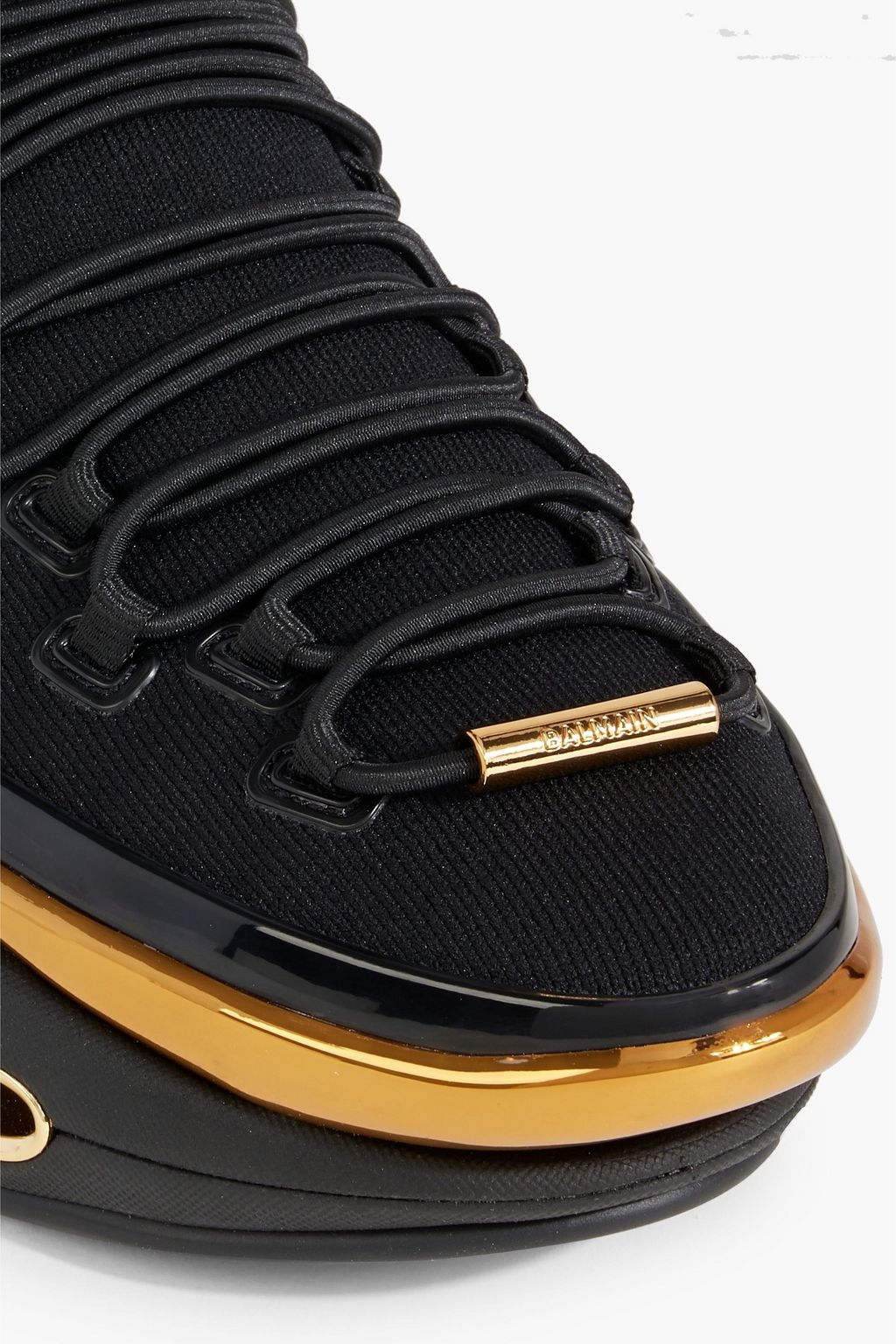 BALMAIN B-Bold metallic-trimmed stretch-knit high-top sneakers