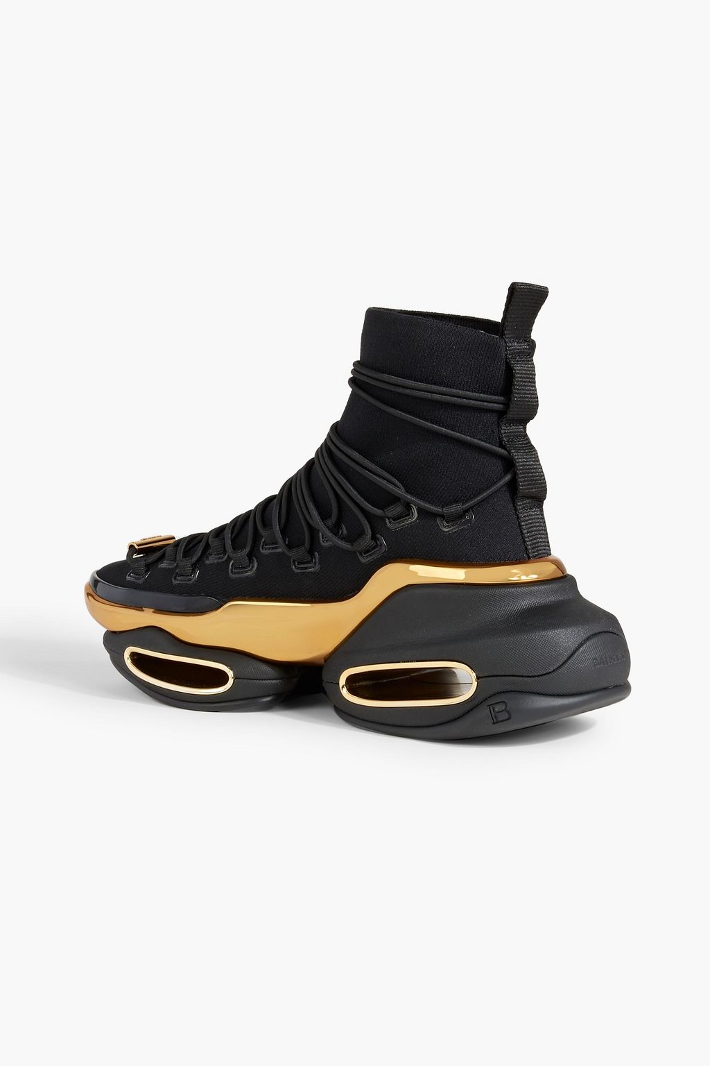 BALMAIN B-Bold metallic-trimmed stretch-knit high-top sneakers
