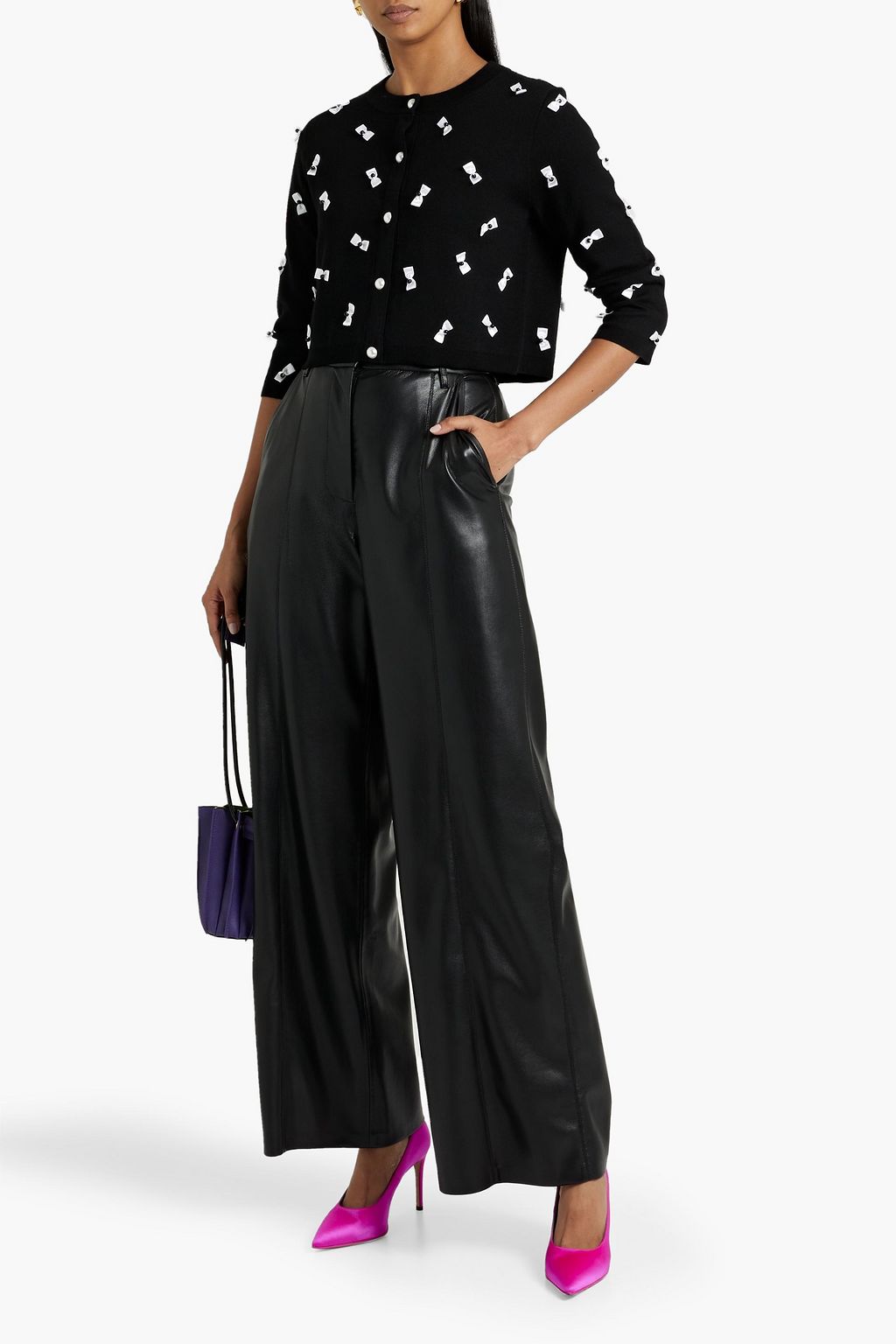 ALICE + OLIVIA Daroda cropped bow-embellished stretch-wool cardigan