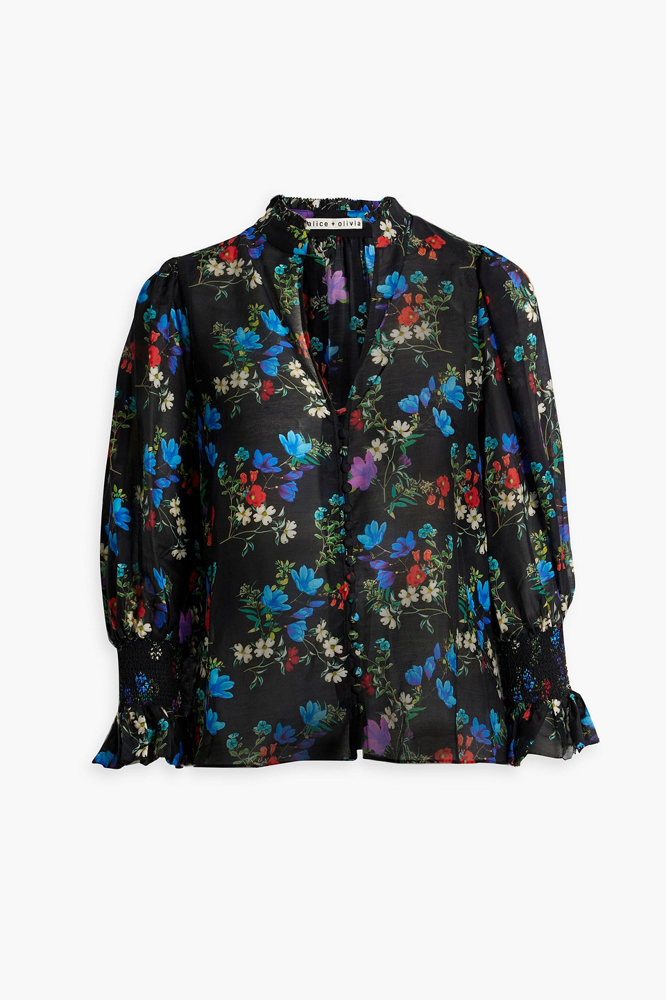 Shop Alice And Olivia Ilan Gathered Floral-print Cotton And Silk-blend Top In Black