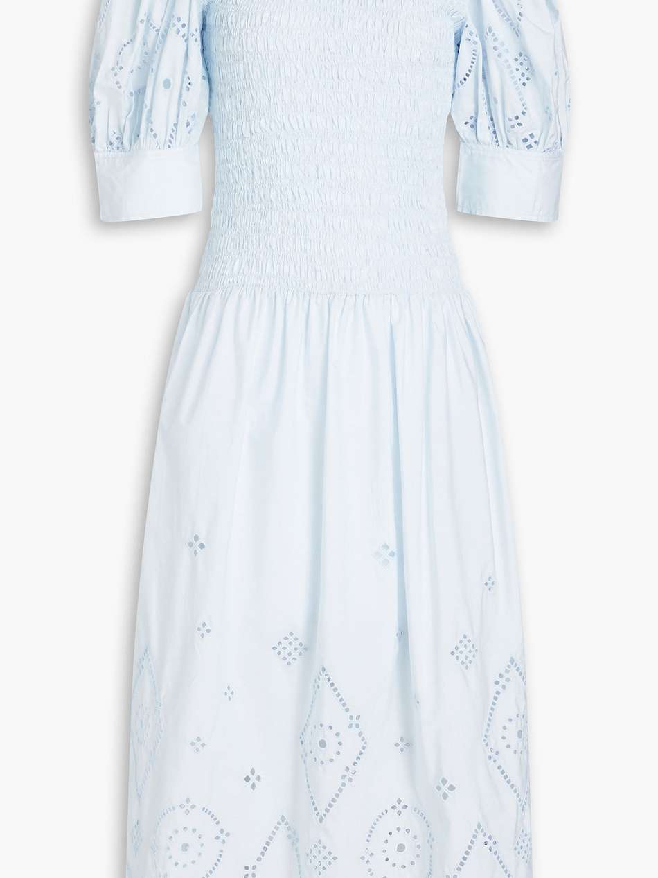 shirred broderie anglaise cotton midi dress