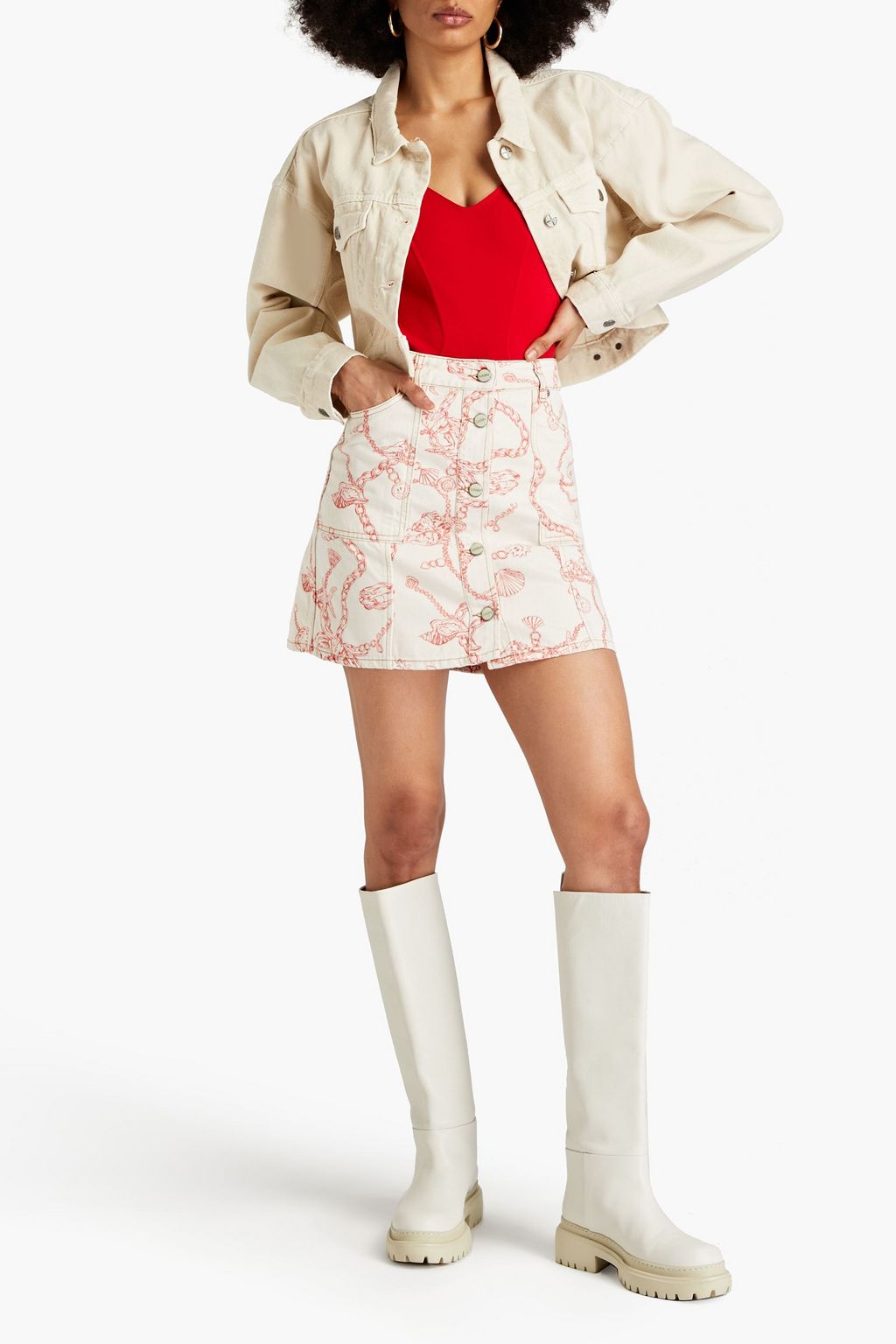GANNI Printed denim mini skirt