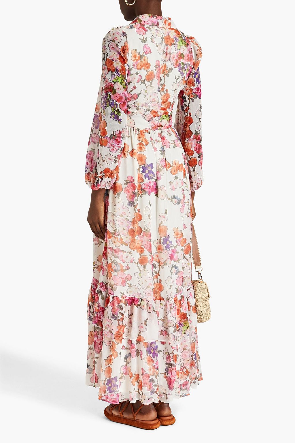 BYTIMO Gathered floral-print crepon maxi shirt dress