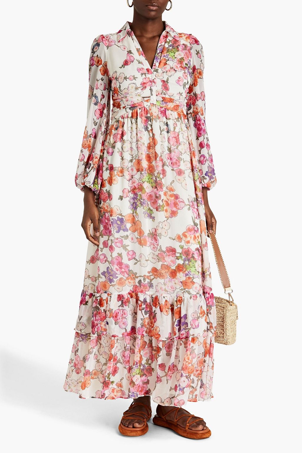 BYTIMO Gathered floral-print crepon maxi shirt dress