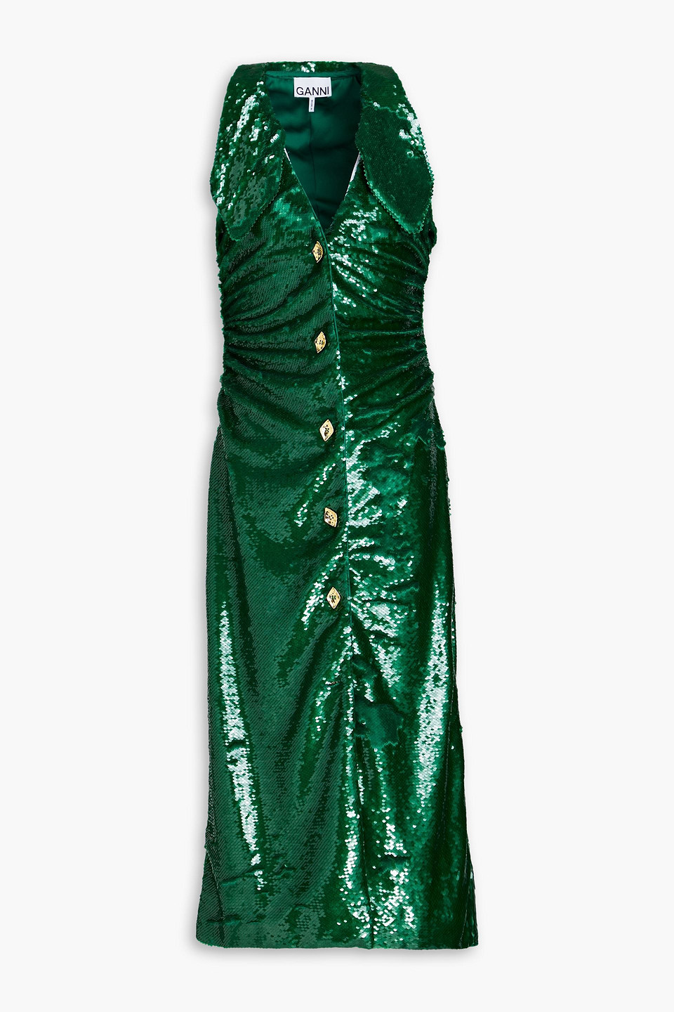 Ganni Sequined Button-front Collared Midi Dress In Green