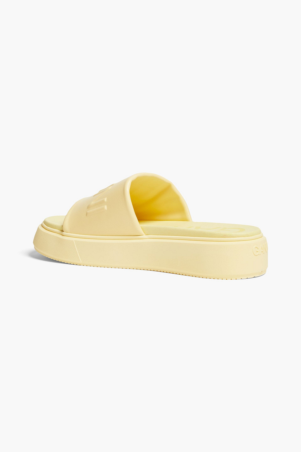 Ganni Yellow Logo Embossed Faux Leather Slides In Pastel Yellow