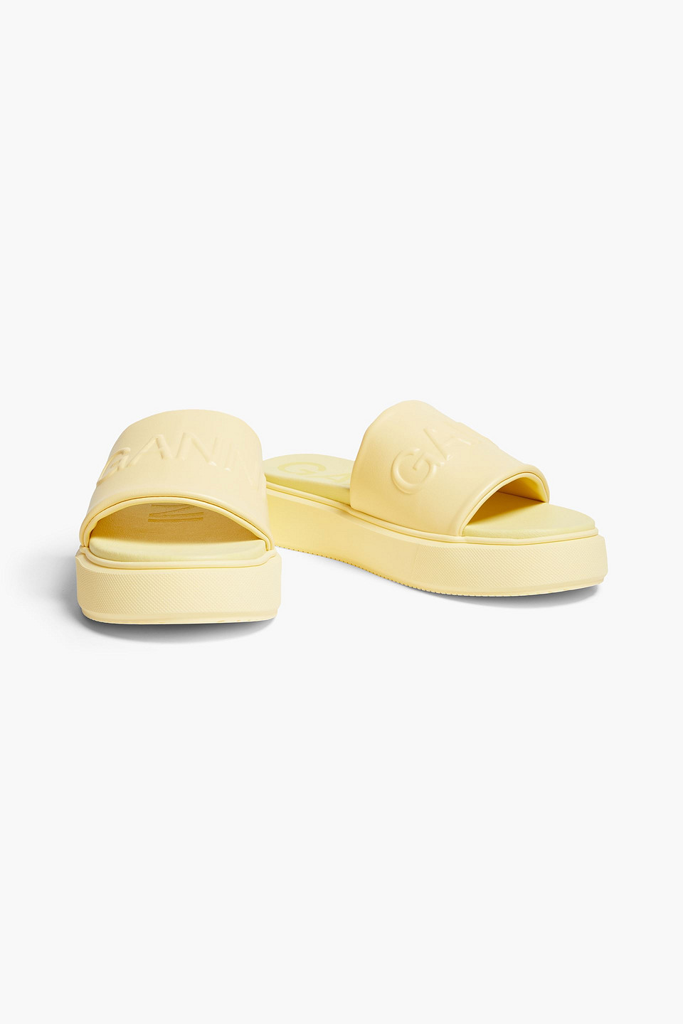 Ganni Yellow Logo Embossed Faux Leather Slides In Pastel Yellow
