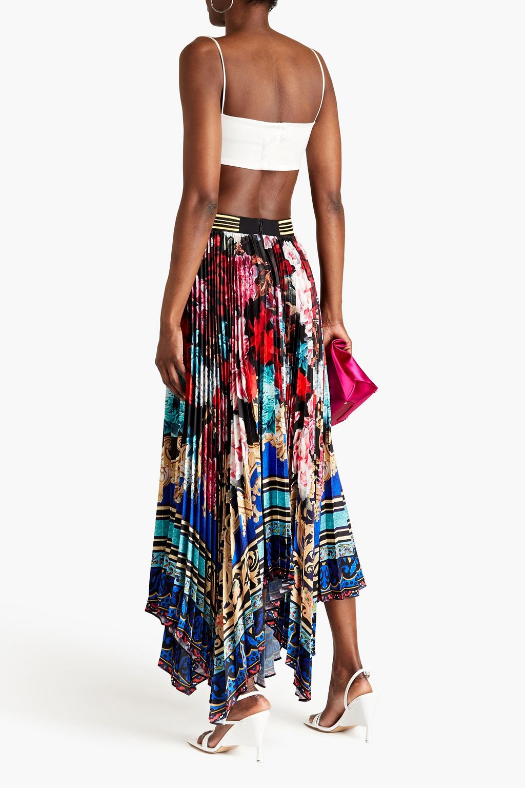 ALICE + OLIVIA Asymmetric pleated floral-print satin maxi skirt