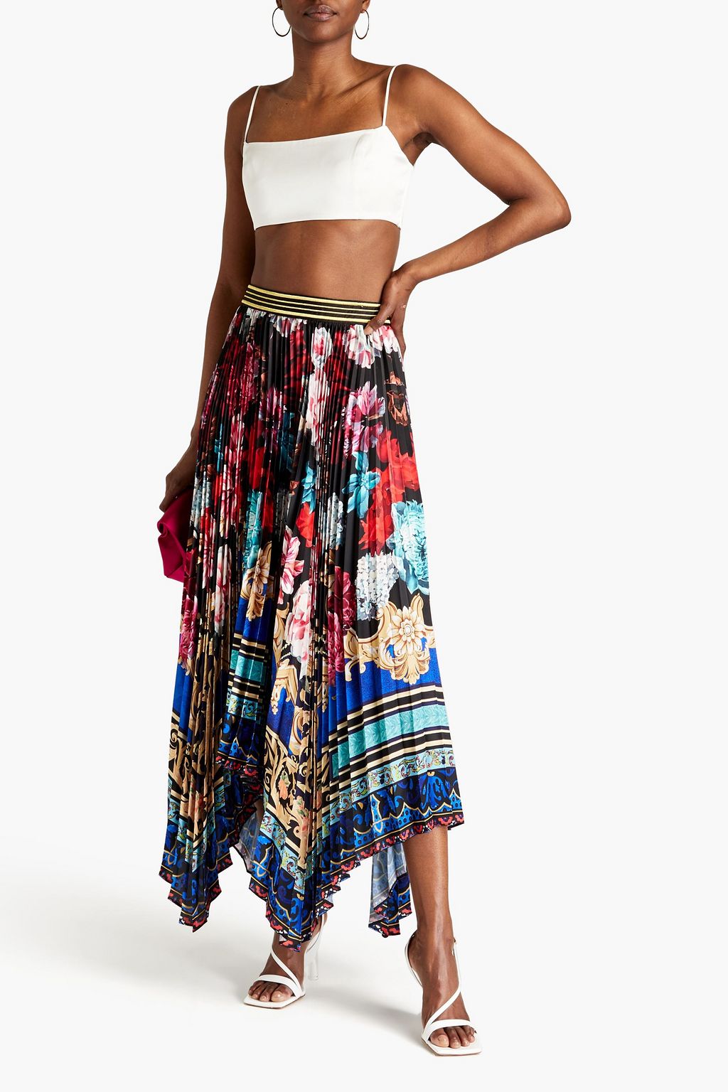 ALICE + OLIVIA Asymmetric pleated floral-print satin maxi skirt