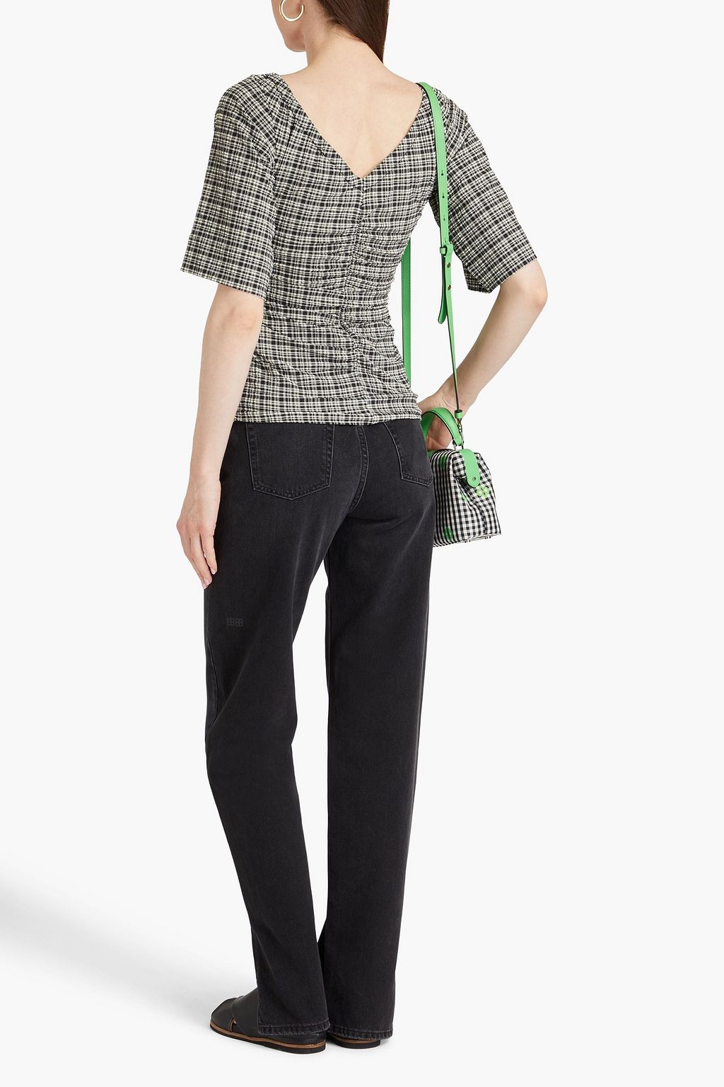 GANNI Ruched checked seersucker top