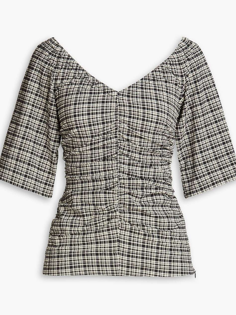 ruched checked seersucker top