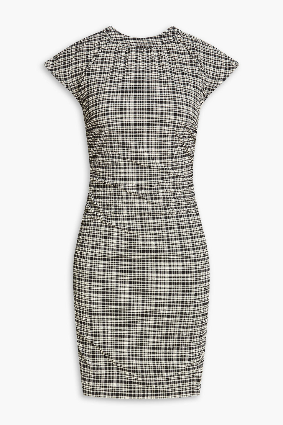 Ganni Plaid Open Back Stretch Seersucker Minidress In Black