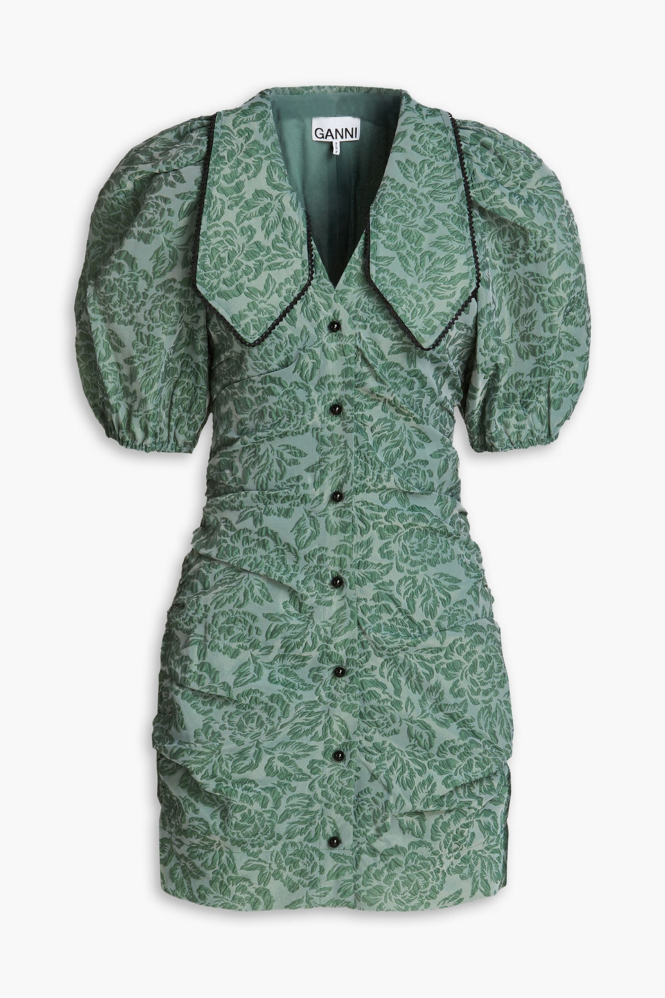 GANNI - Ruched cloqué-organza mini dress - Green