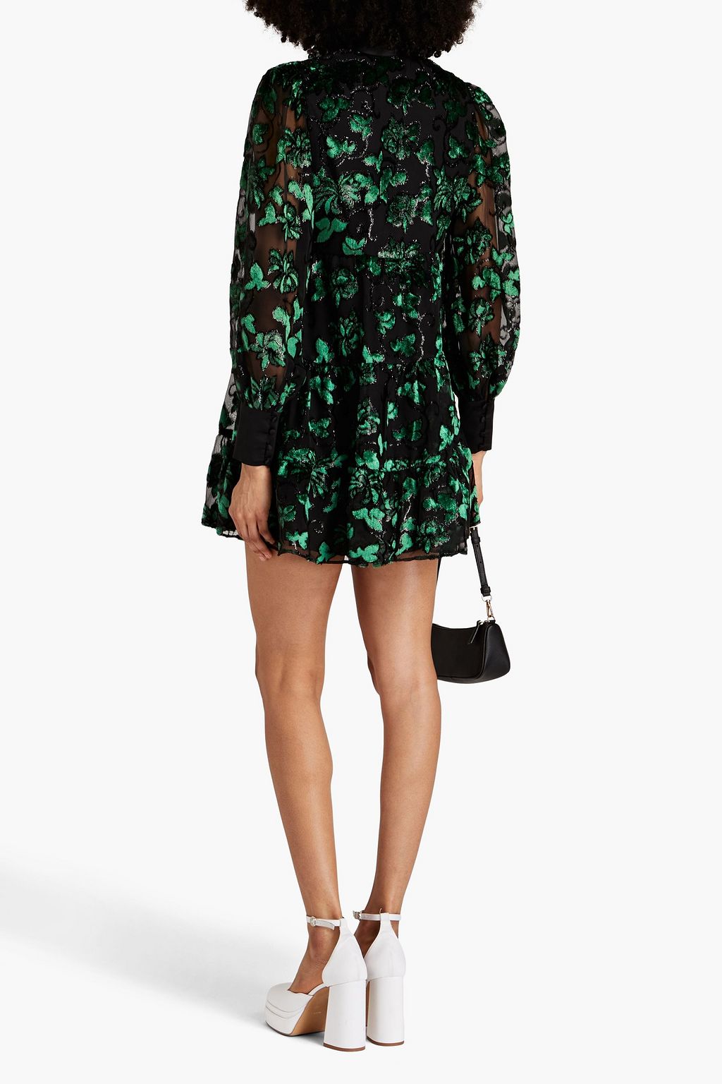 ALICE + OLIVIA サテン&メタリックフロック加工 シフォン ミニワンピース リボンタイ