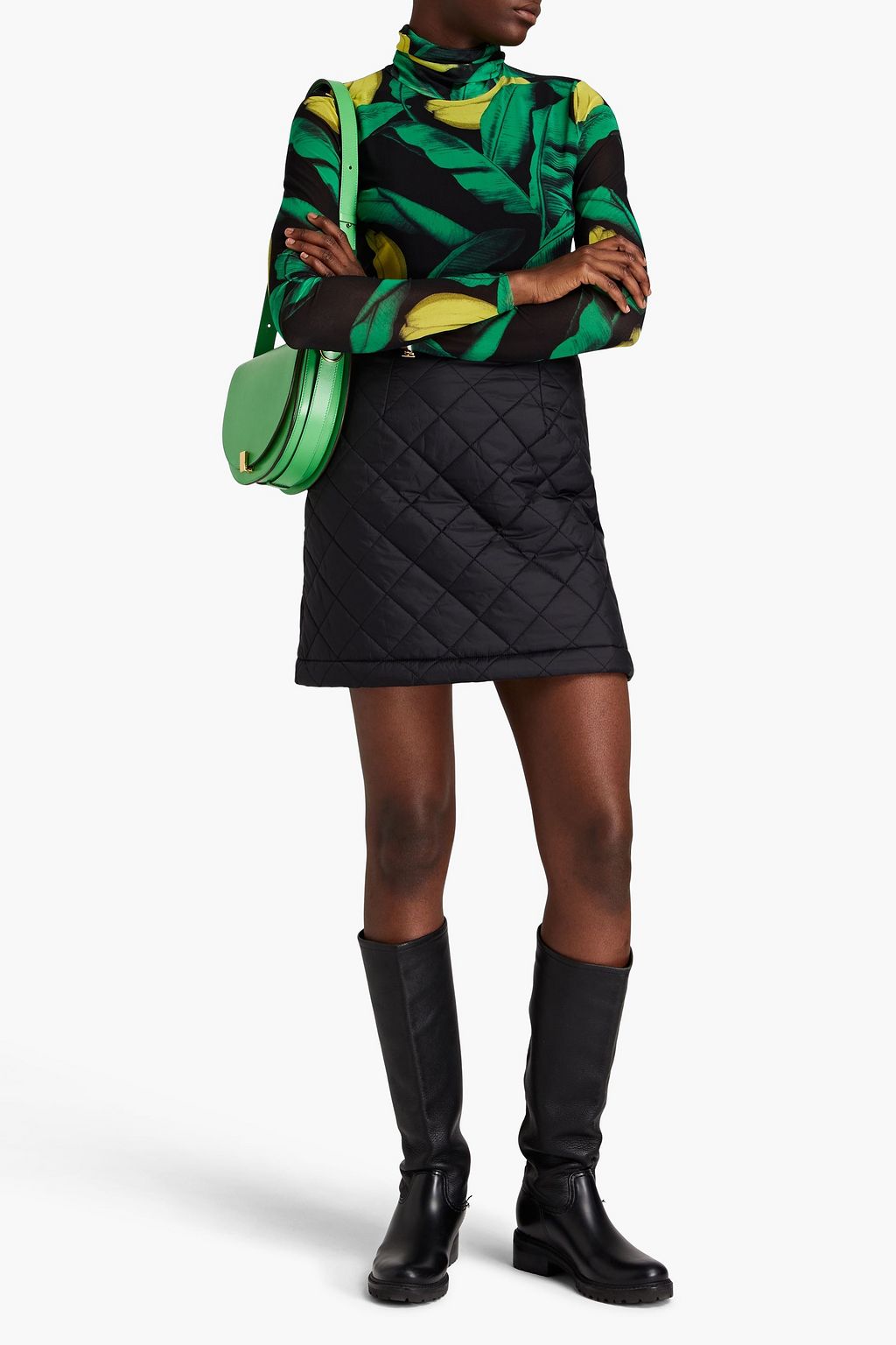 GANNI Printed stretch-mesh turtleneck top
