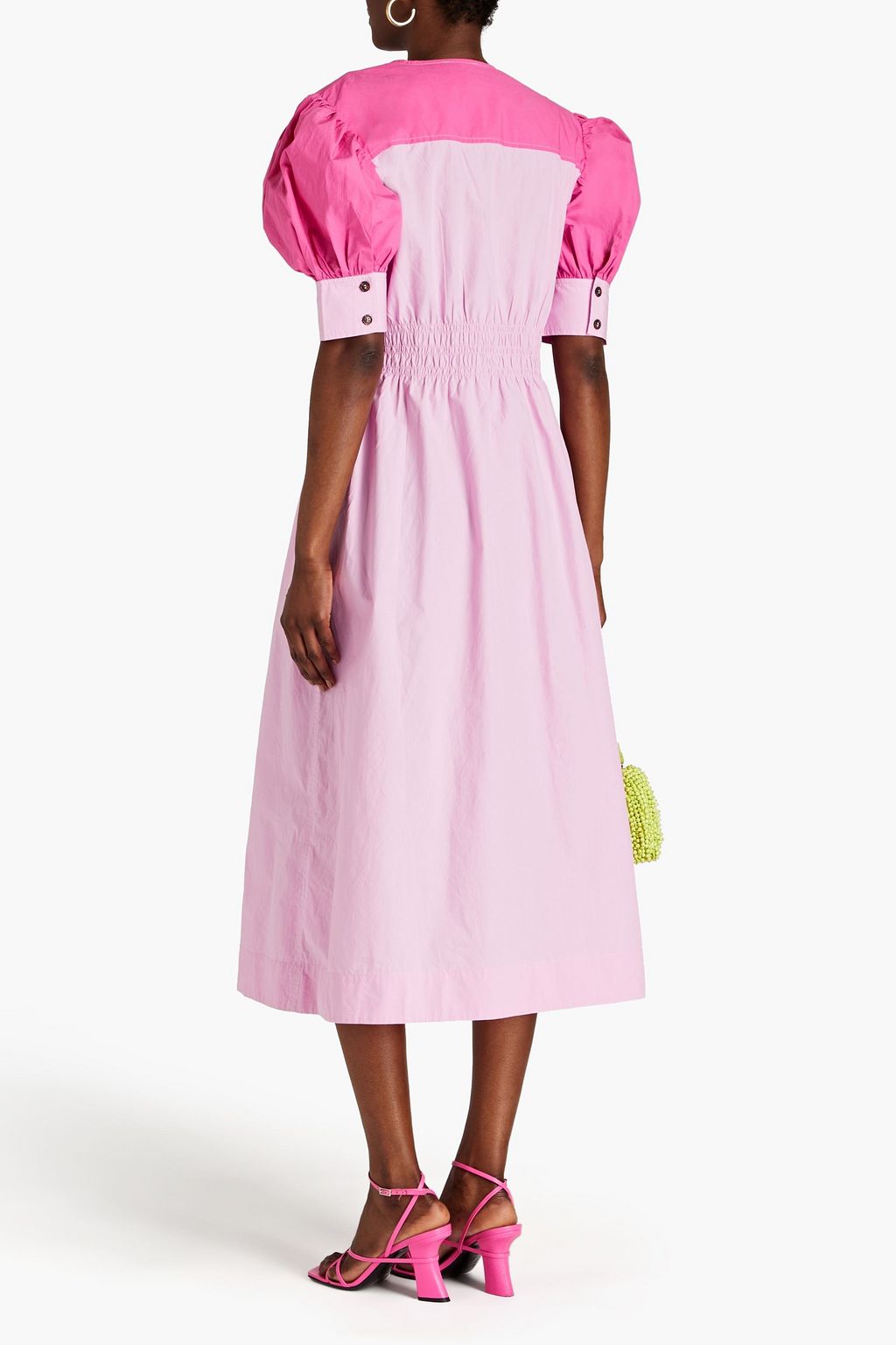 GANNI Gathered two-tone cotton-poplin midi dress