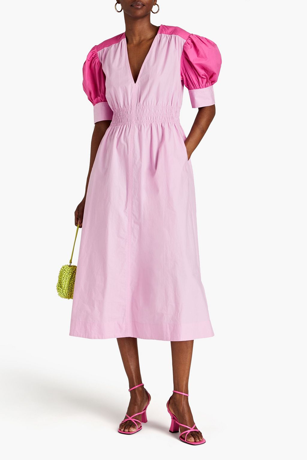 GANNI Gathered two-tone cotton-poplin midi dress