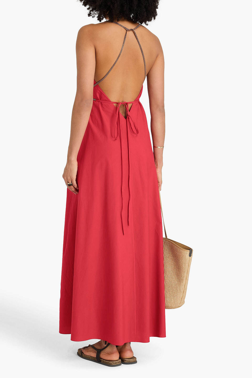 Brunello Cucinelli - Maxikleid Aus Baumwollpopeline Mit Zierperlen - Rot - Xl 
