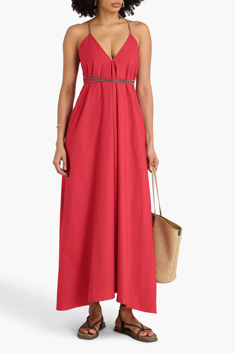  Brunello Cucinelli - Maxikleid Aus Baumwollpopeline Mit Zierperlen - Rot - Xl 