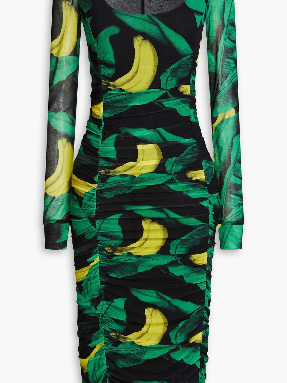 ruched printed stretch-mesh midi dress
