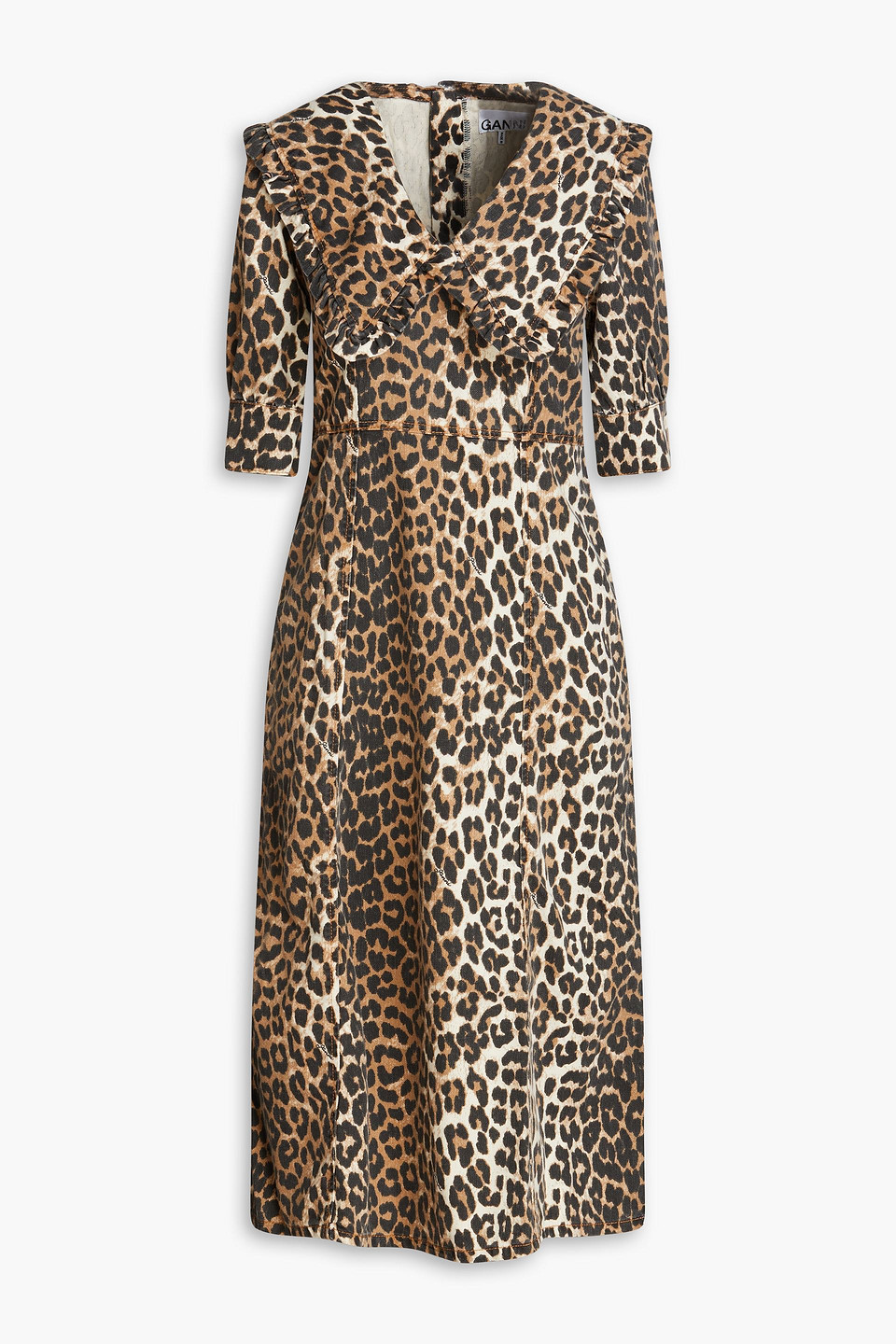 Shop Ganni Leopard-print Denim Midi Dress In Animal Print