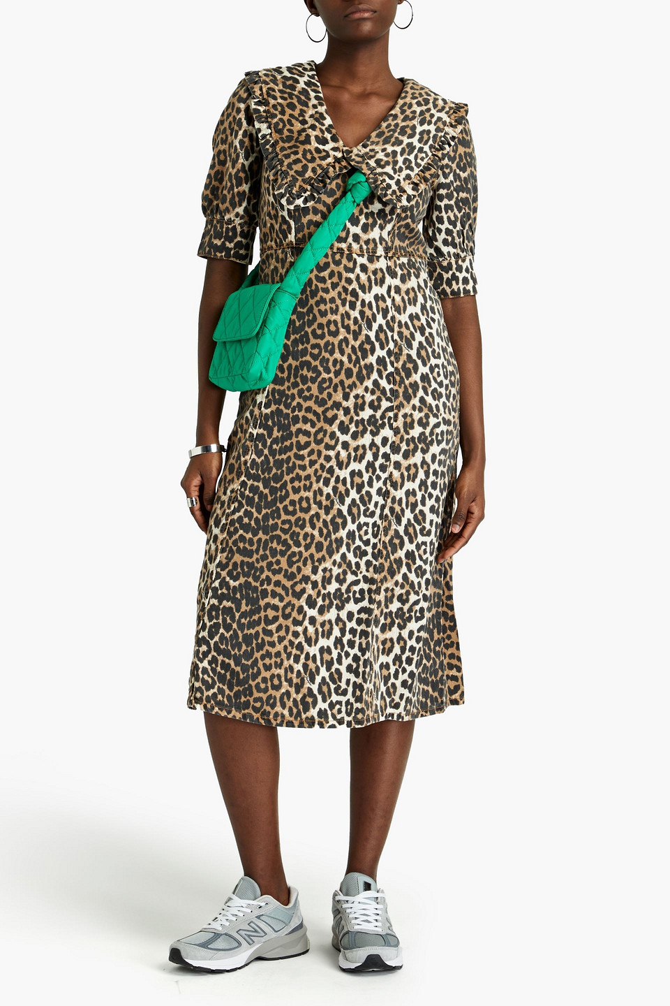 Shop Ganni Leopard-print Denim Midi Dress In Animal Print