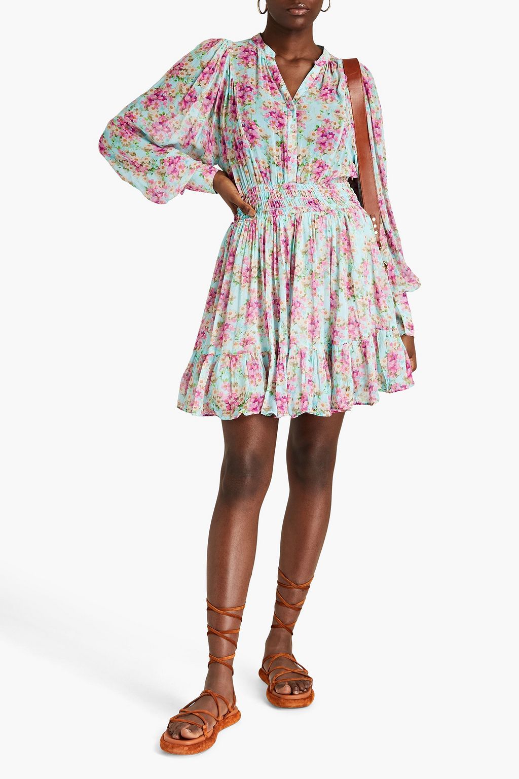 BYTIMO Shirred floral-print crepe mini dress