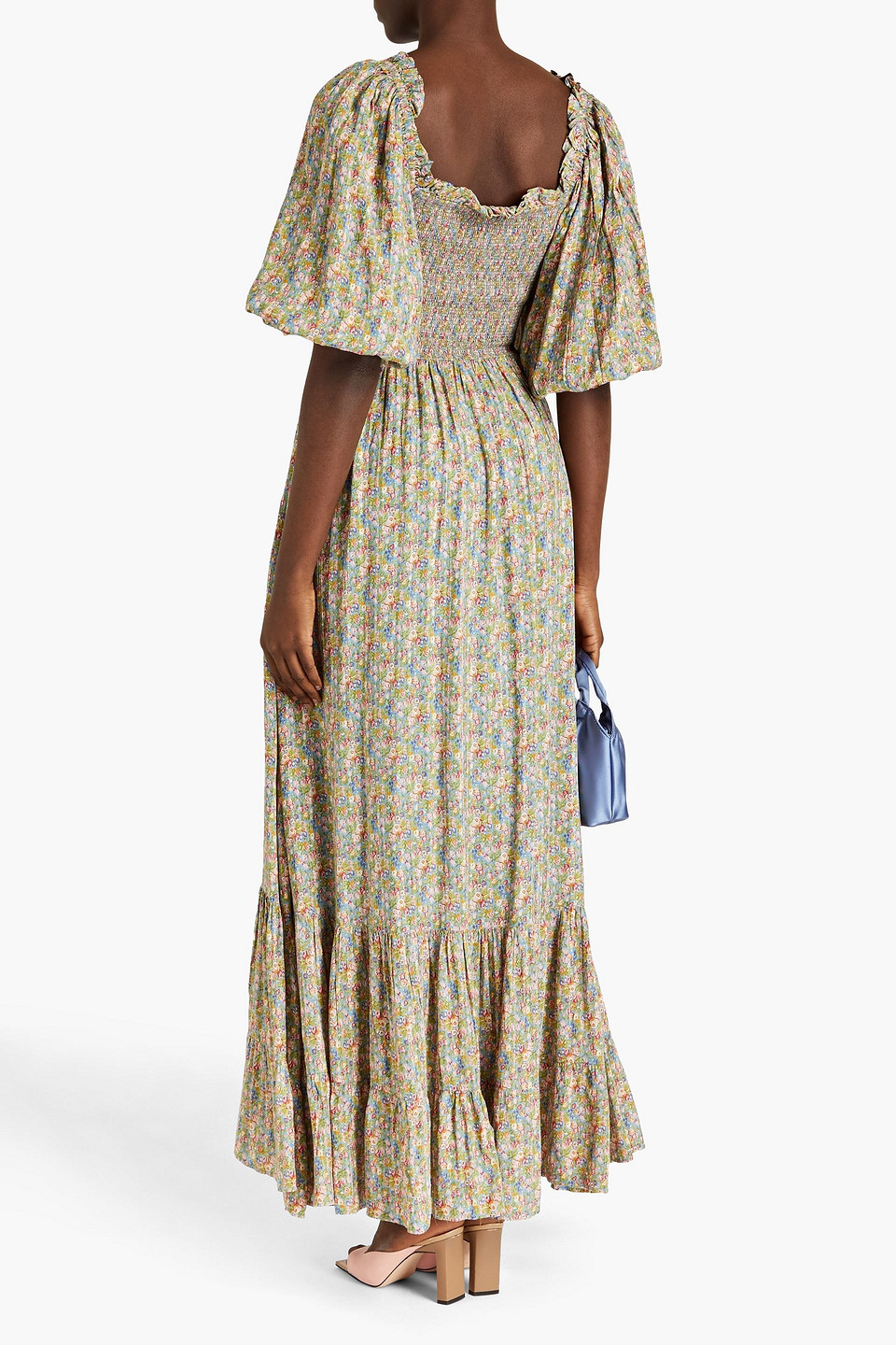 Bytimo Ruched Floral-print Jacquard Midi Dress In Light Green