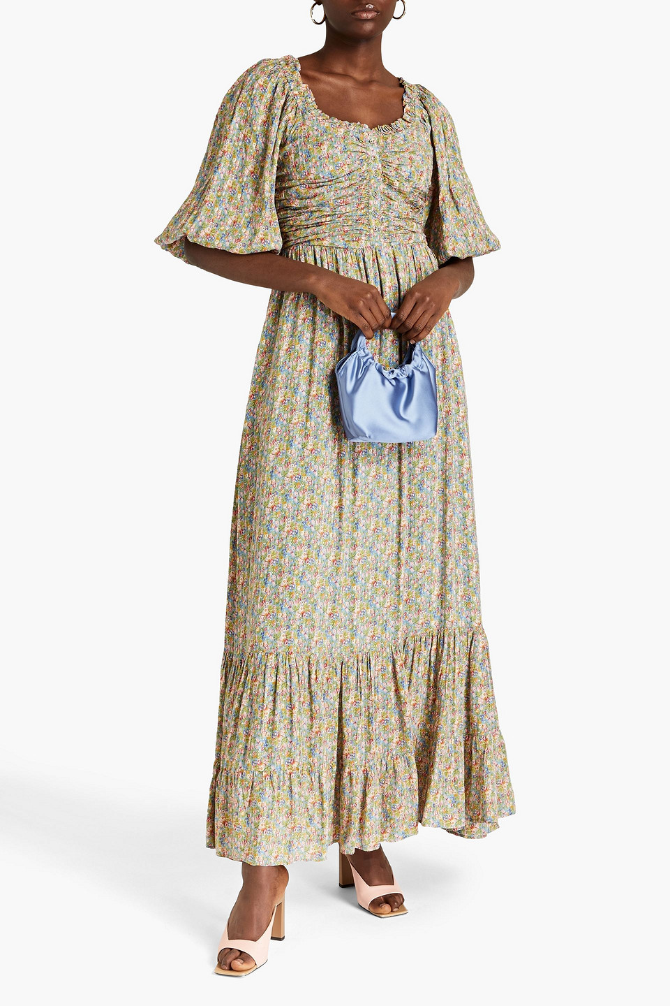 Bytimo Ruched Floral-print Jacquard Midi Dress In Light Green