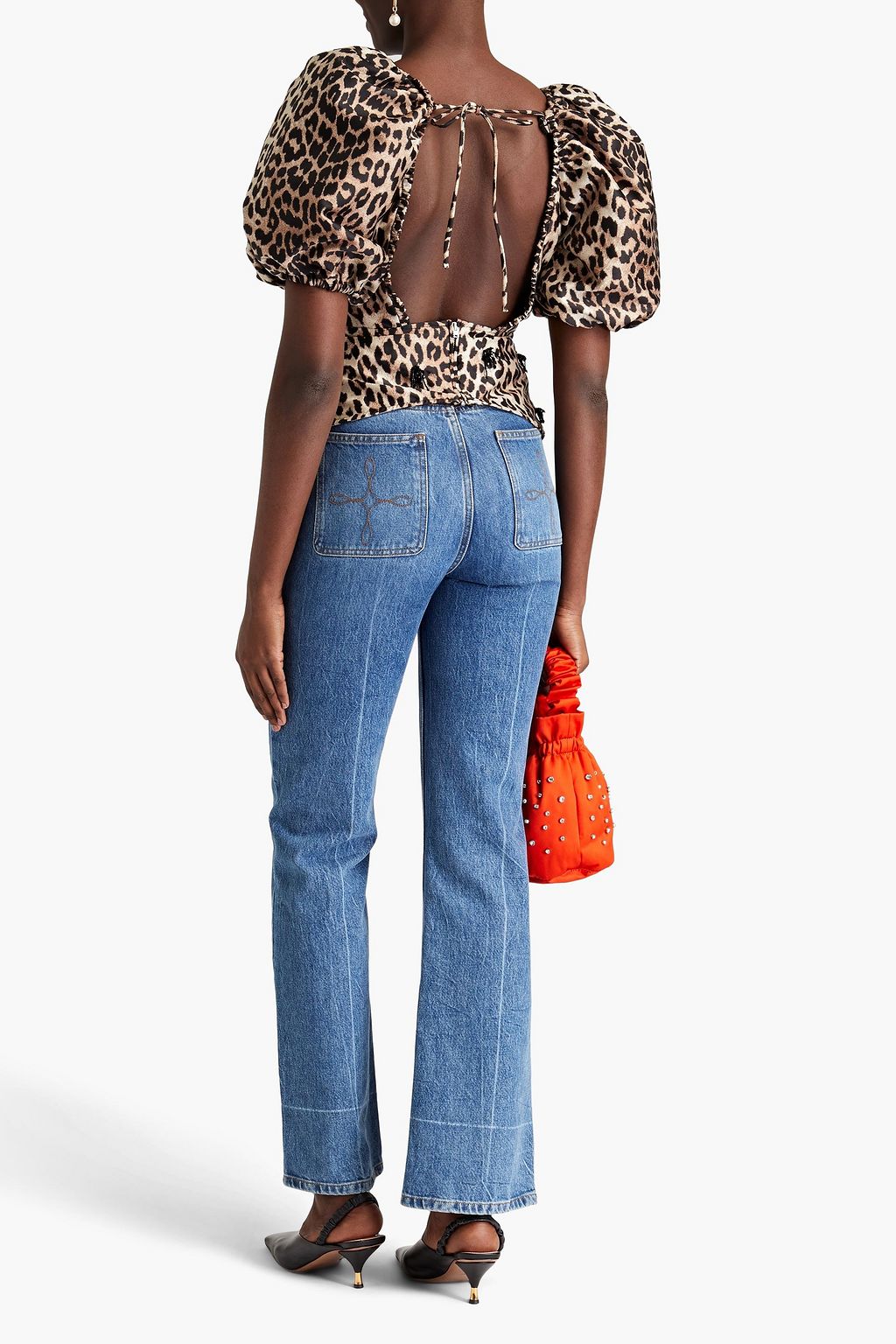 GANNI Bead-embellished leopard-jacquard top