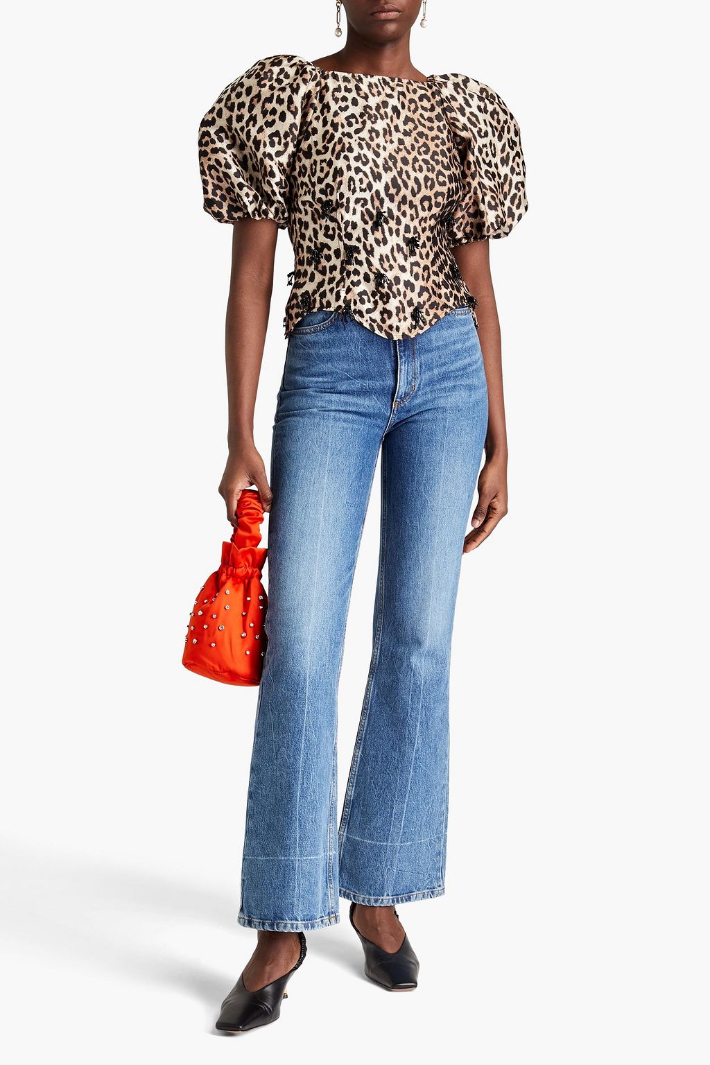 GANNI Bead-embellished leopard-jacquard top