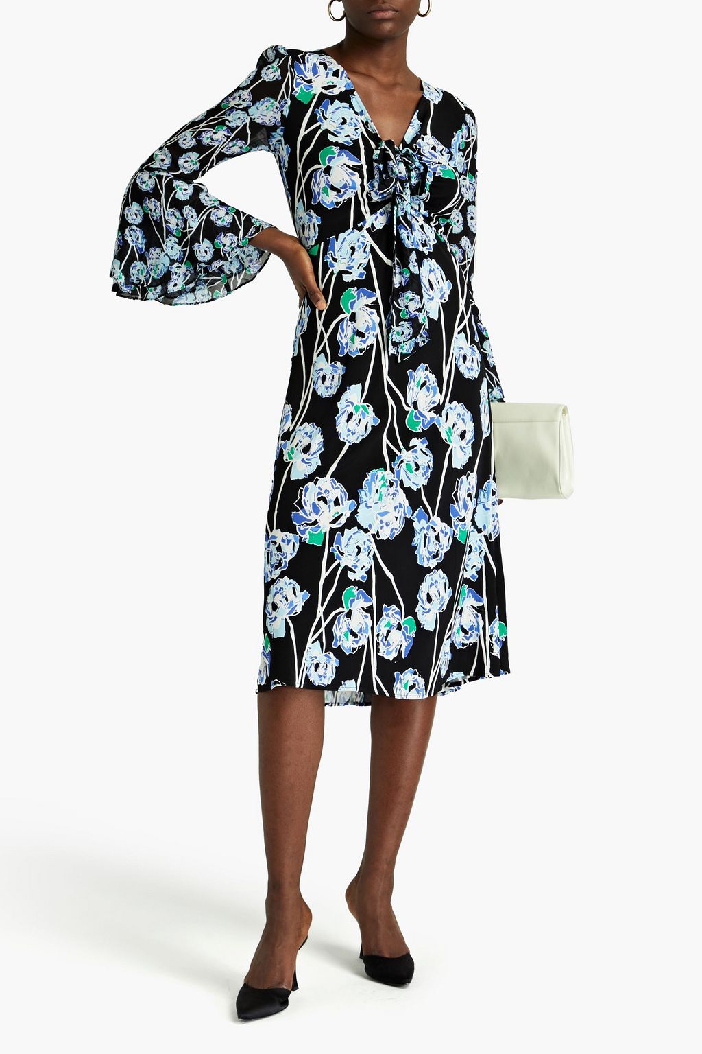 DIANE VON FURSTENBERG ジャージー ミディワンピース フローラルプリント ジョーゼットパネル